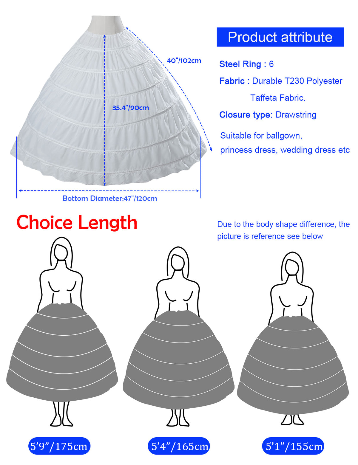 White 6-hoop A-line crinoline petticoat showing full dome shape for wedding dresses - details