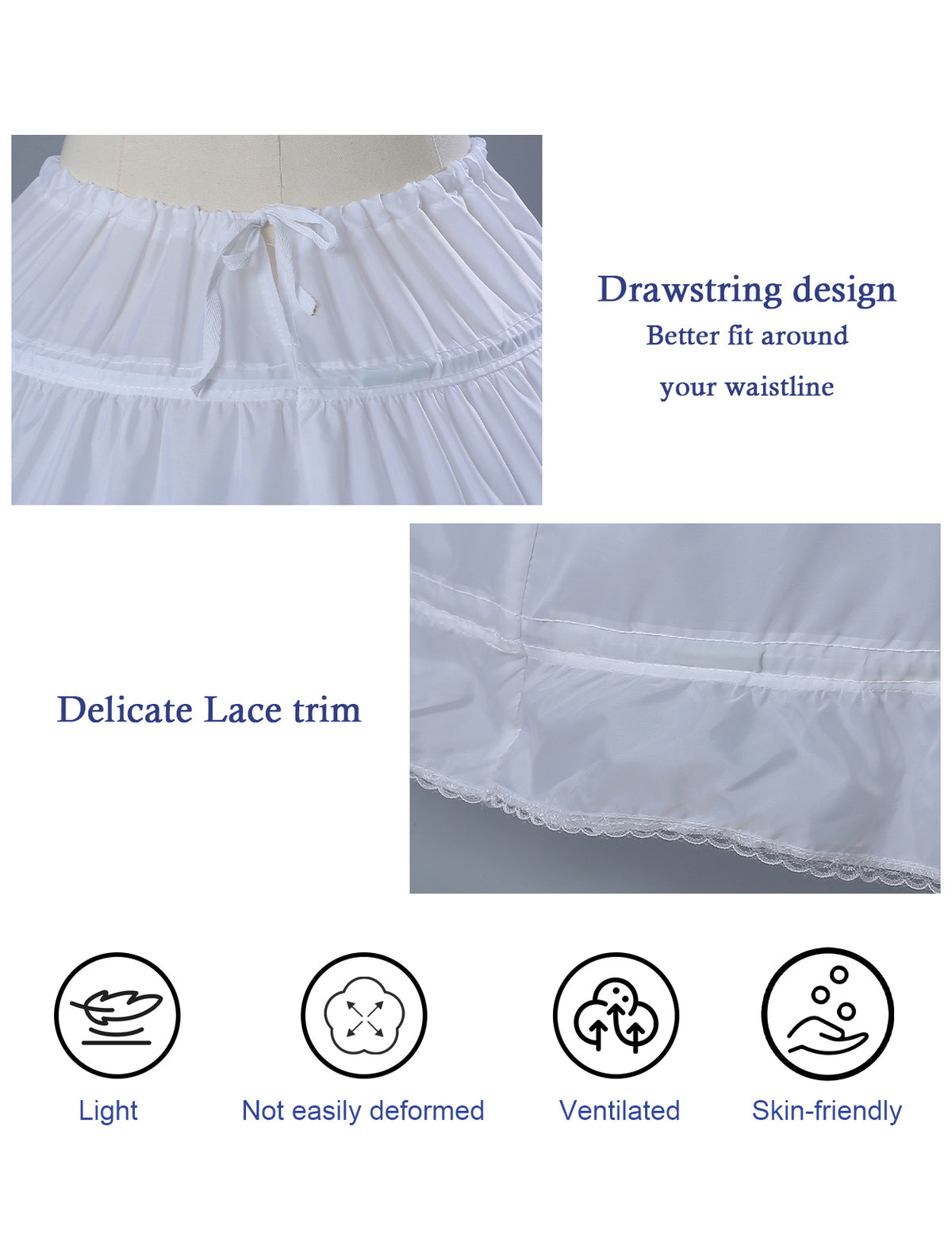 White 6-hoop A-line crinoline petticoat showing full dome shape for wedding dresses - details