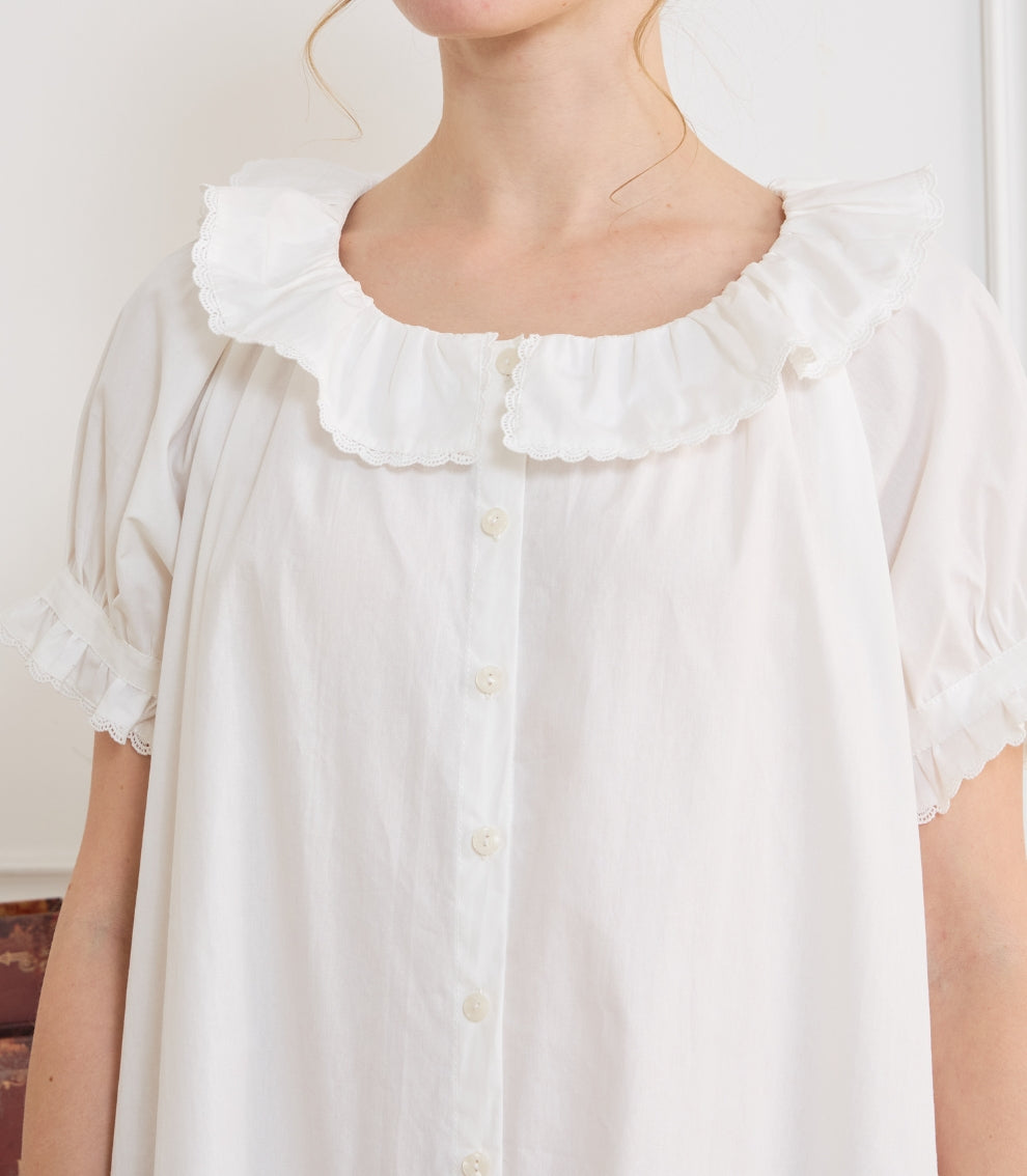 Front detail of casual house dresses by Beautelicate, highlighting the elegant button-down design and ruffled neckline.