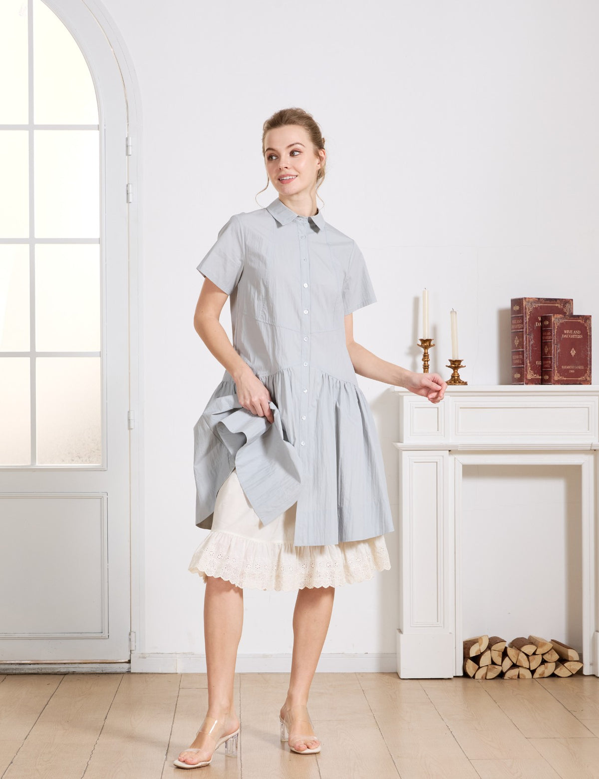 Vintage cream cotton half slip styled as a skirt extender under a dress.