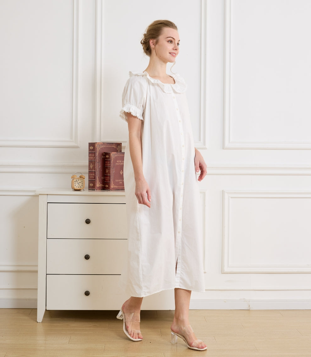 Side view of a white house dress for ladies by Beautelicate, a perfect blend of vintage elegance and everyday comfort.