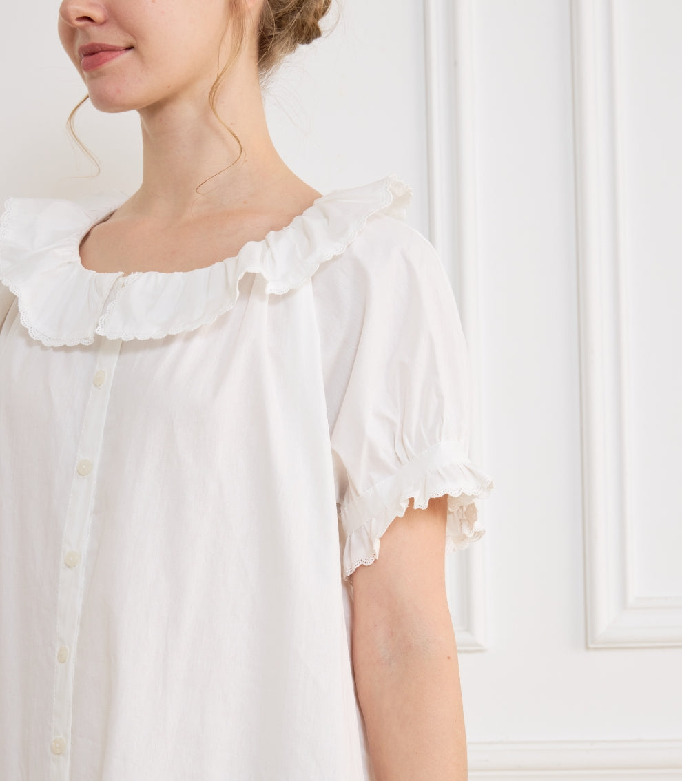 Close-up of Beautelicate summer house clothing, showing delicate ruffle sleeves and a breathable white cotton fabric.
