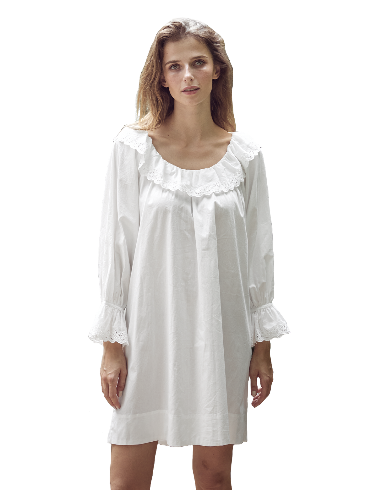 Off-white Victorian mini cotton nightdress with embroidered ruffles and bell sleeves, A-line fit, thigh-length