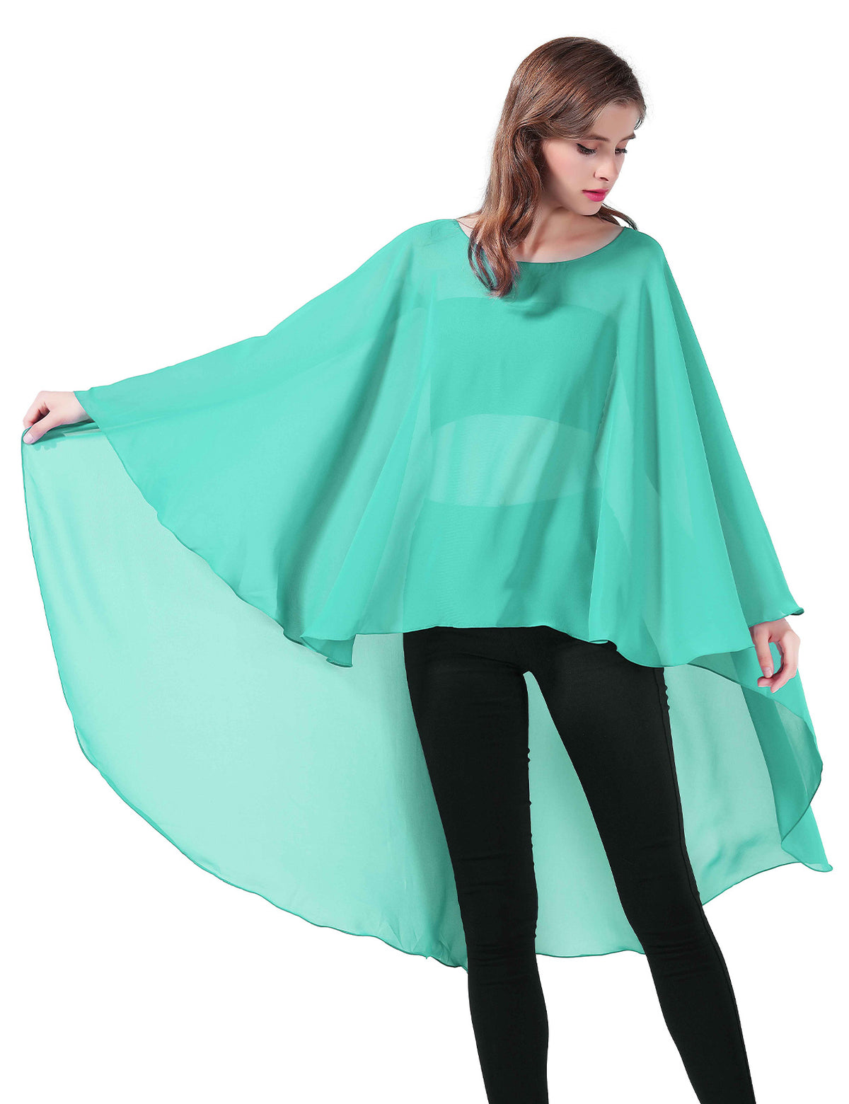 chiffon high-low bridal cape shawl showing elegant draping and flowing design