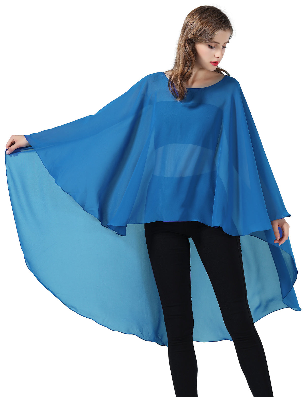 chiffon high-low bridal cape shawl showing elegant draping and flowing design