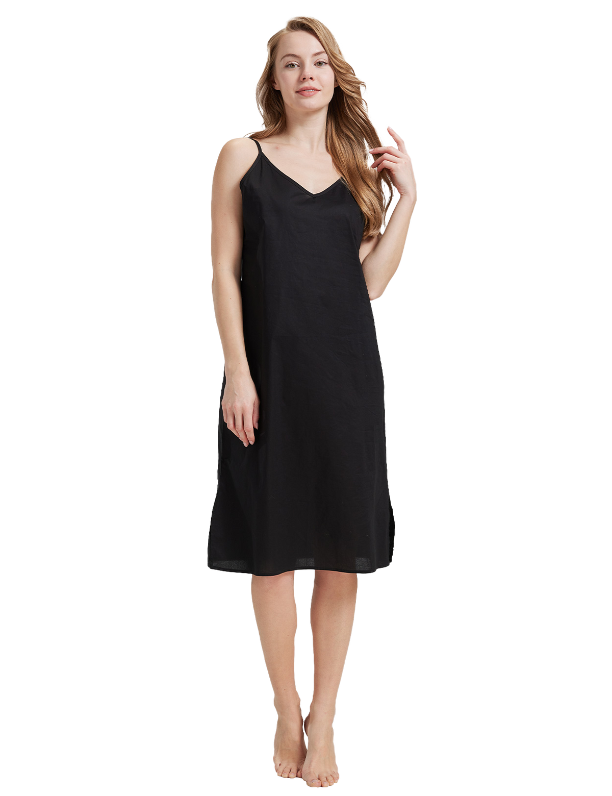 Women's long cotton slip in black - front view showing knee-length design with adjustable straps