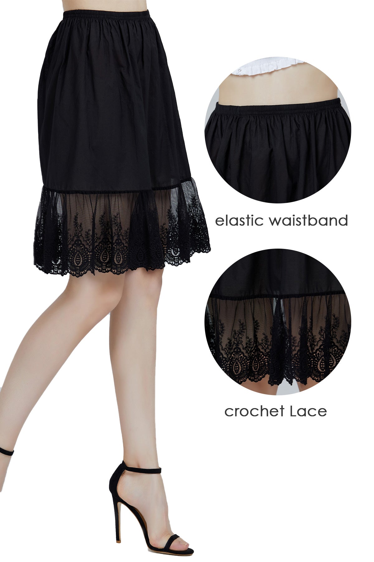 Black lace trim cotton half slip knee length vintage style