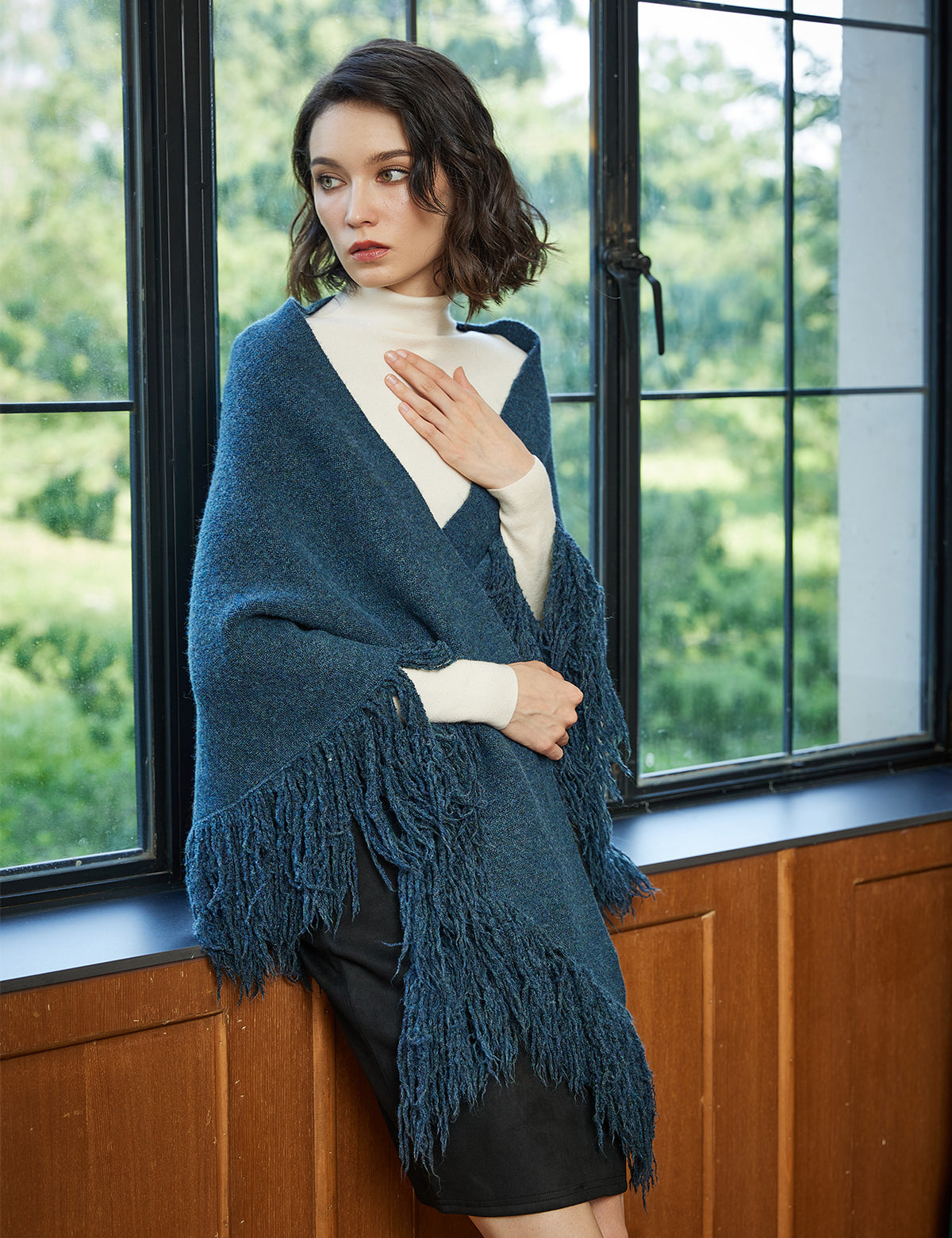 Wool blend knitted shawl with fringe detail - cozy blanket wrap for women