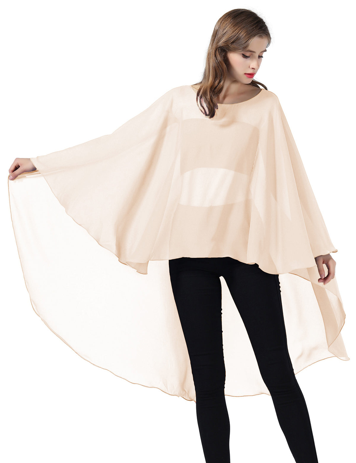 chiffon high-low bridal cape shawl showing elegant draping and flowing design