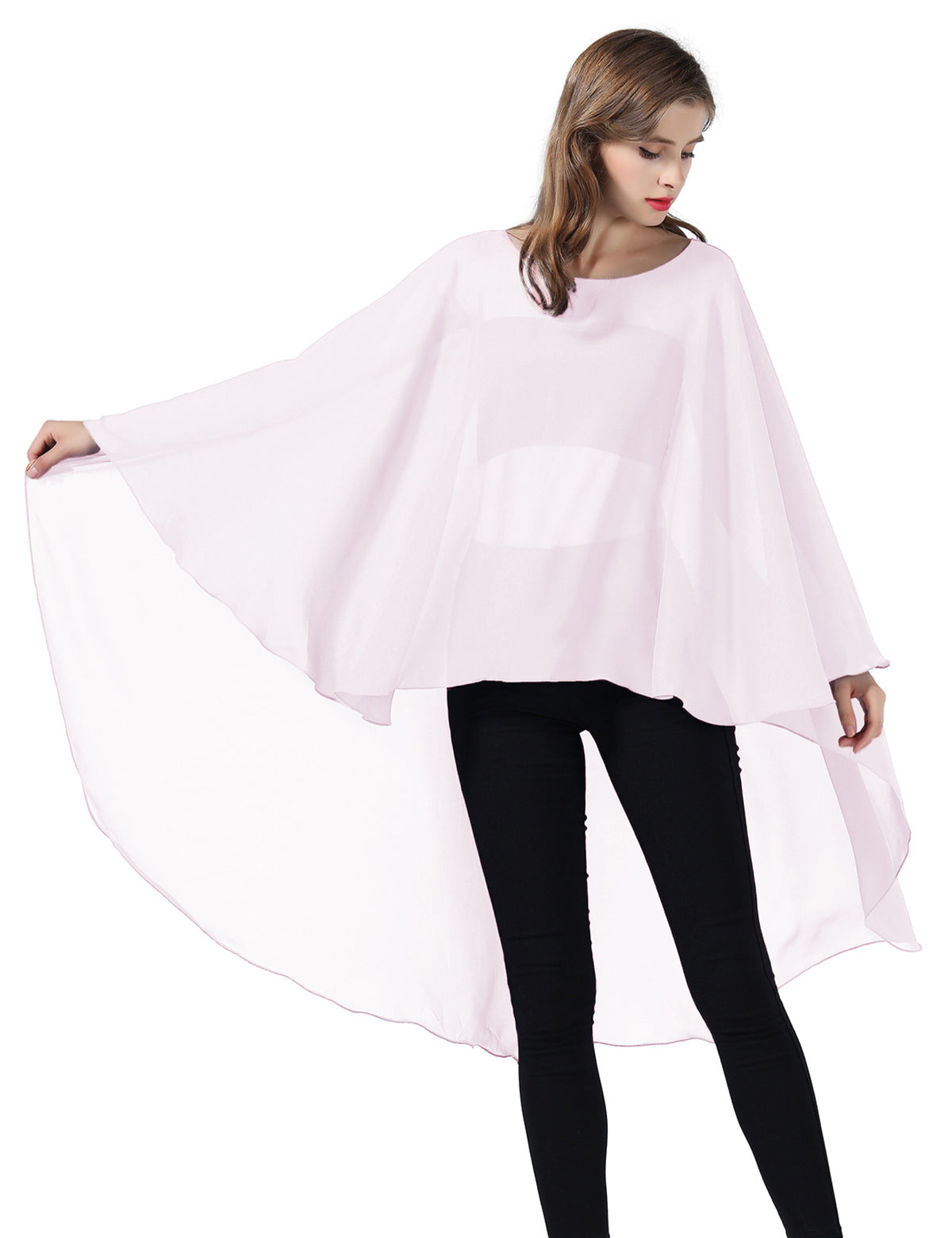 chiffon high-low bridal cape shawl showing elegant draping and flowing design