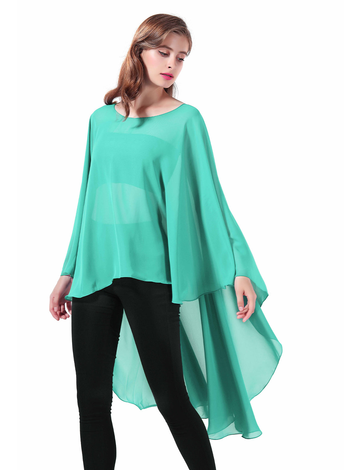 chiffon high-low bridal cape shawl showing elegant draping and flowing design