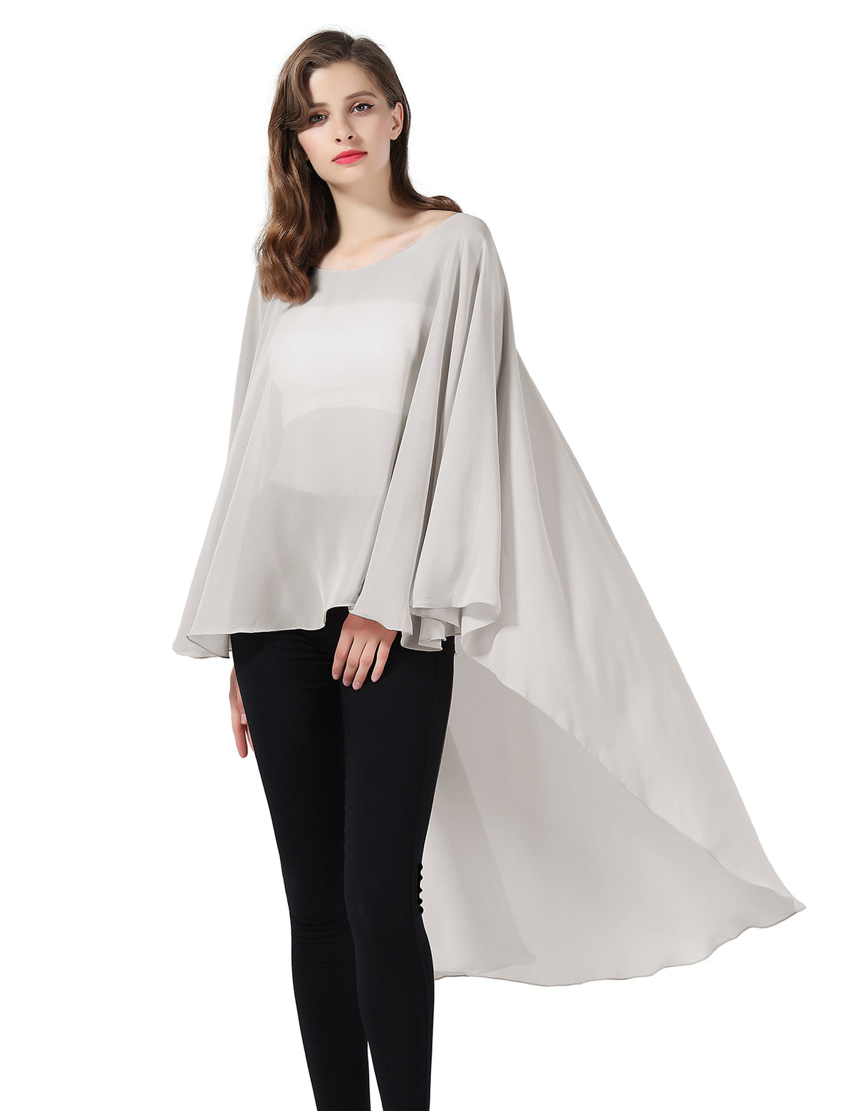 chiffon high-low bridal cape shawl showing elegant draping and flowing design