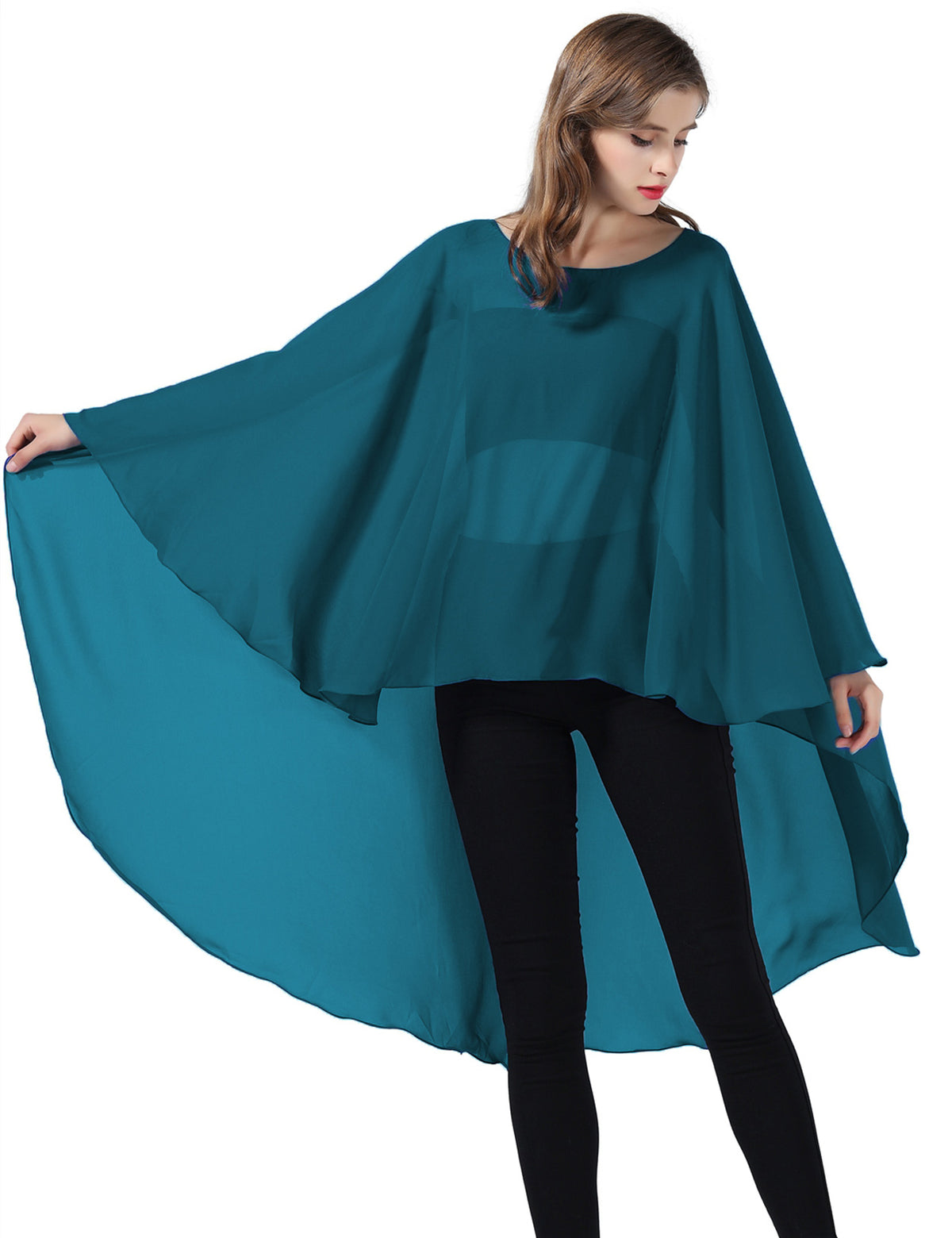 chiffon high-low bridal cape shawl showing elegant draping and flowing design