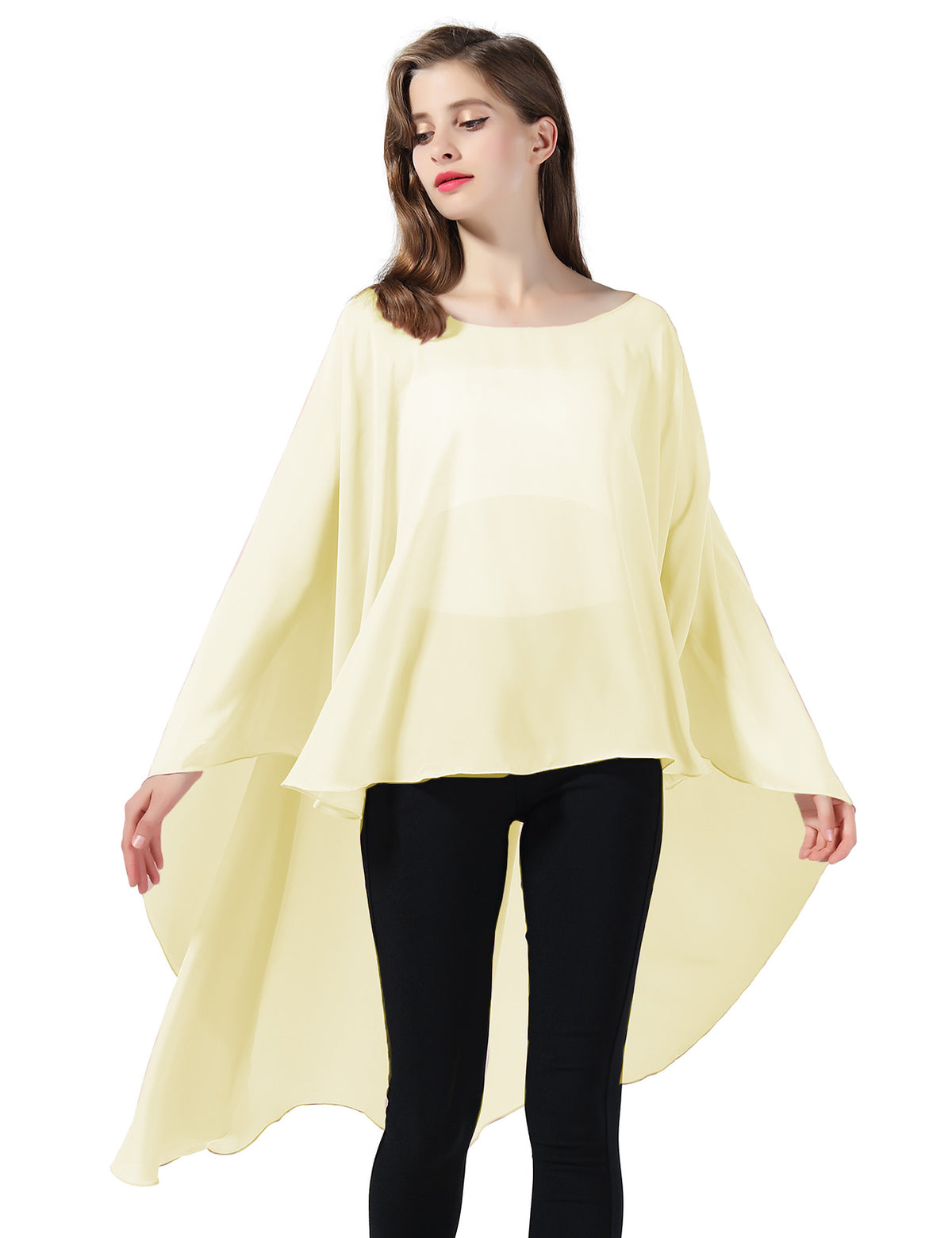 chiffon high-low bridal cape shawl showing elegant draping and flowing design