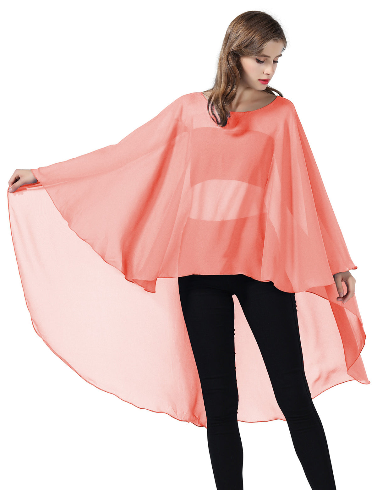 chiffon high-low bridal cape shawl showing elegant draping and flowing design
