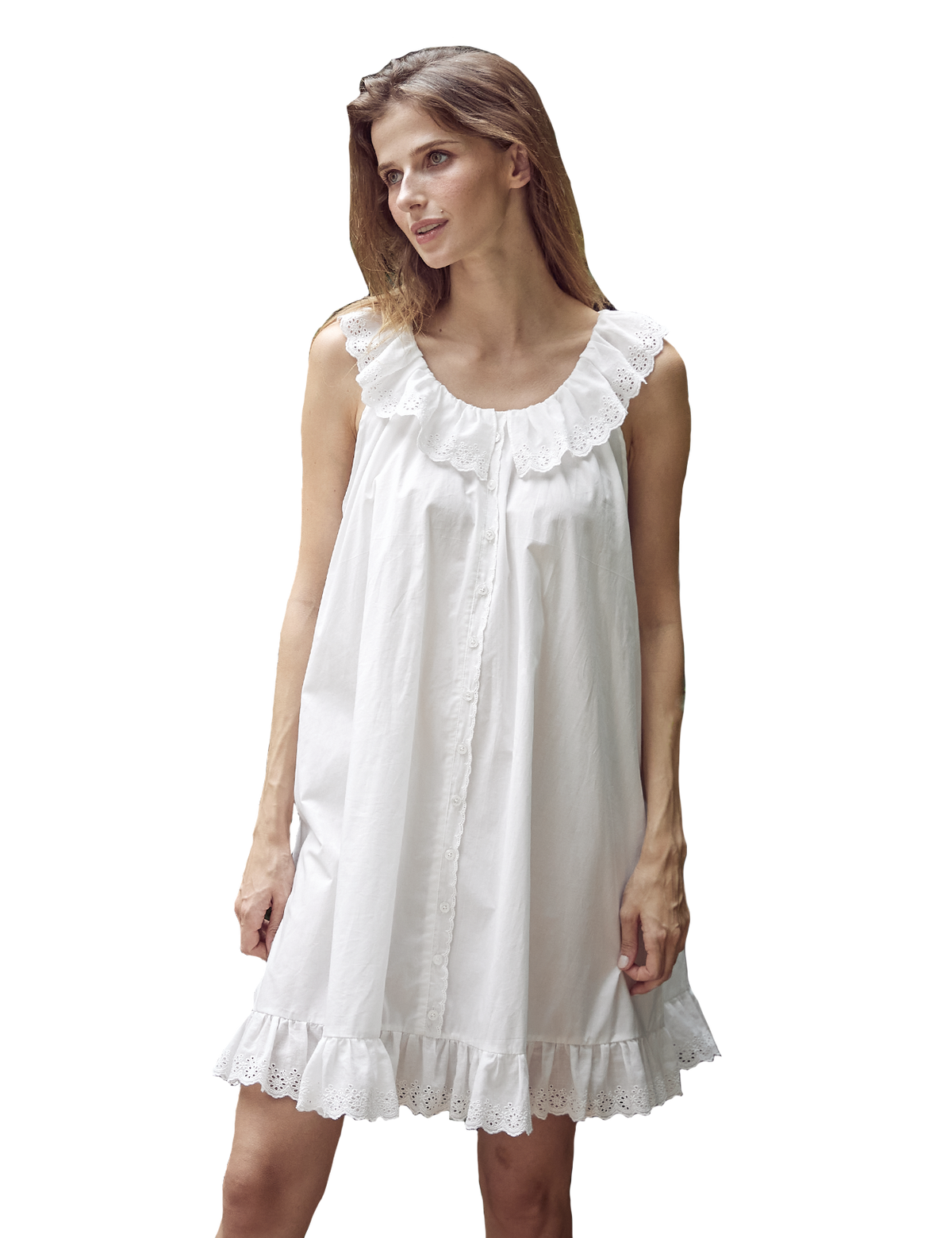 Elegant off-white Victorian style cotton nightgown with delicate ruffles and antique-inspired buttons, displayed on model