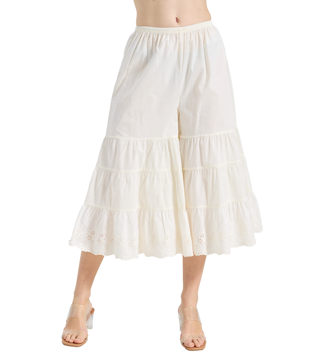 Full front view of cream cotton tiered Victorian bloomers with ruffled layers and scalloped eyelet lace hem.