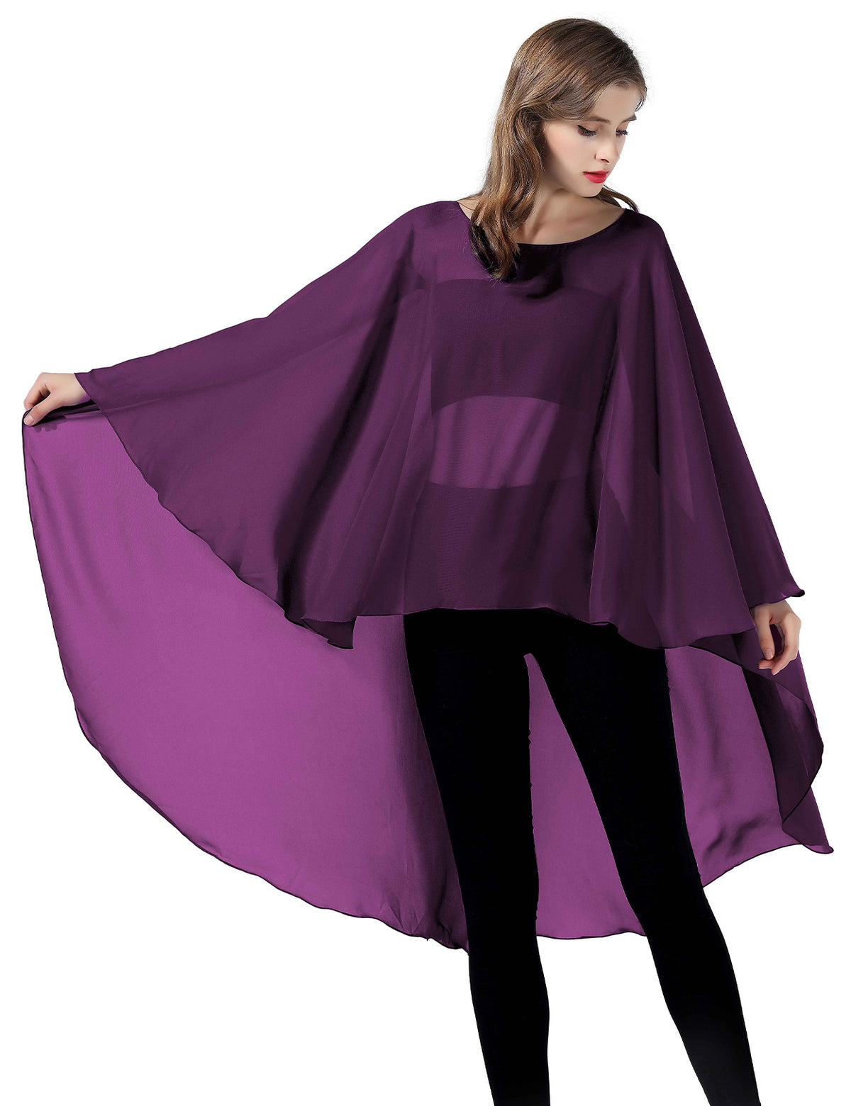 chiffon high-low bridal cape shawl showing elegant draping and flowing design