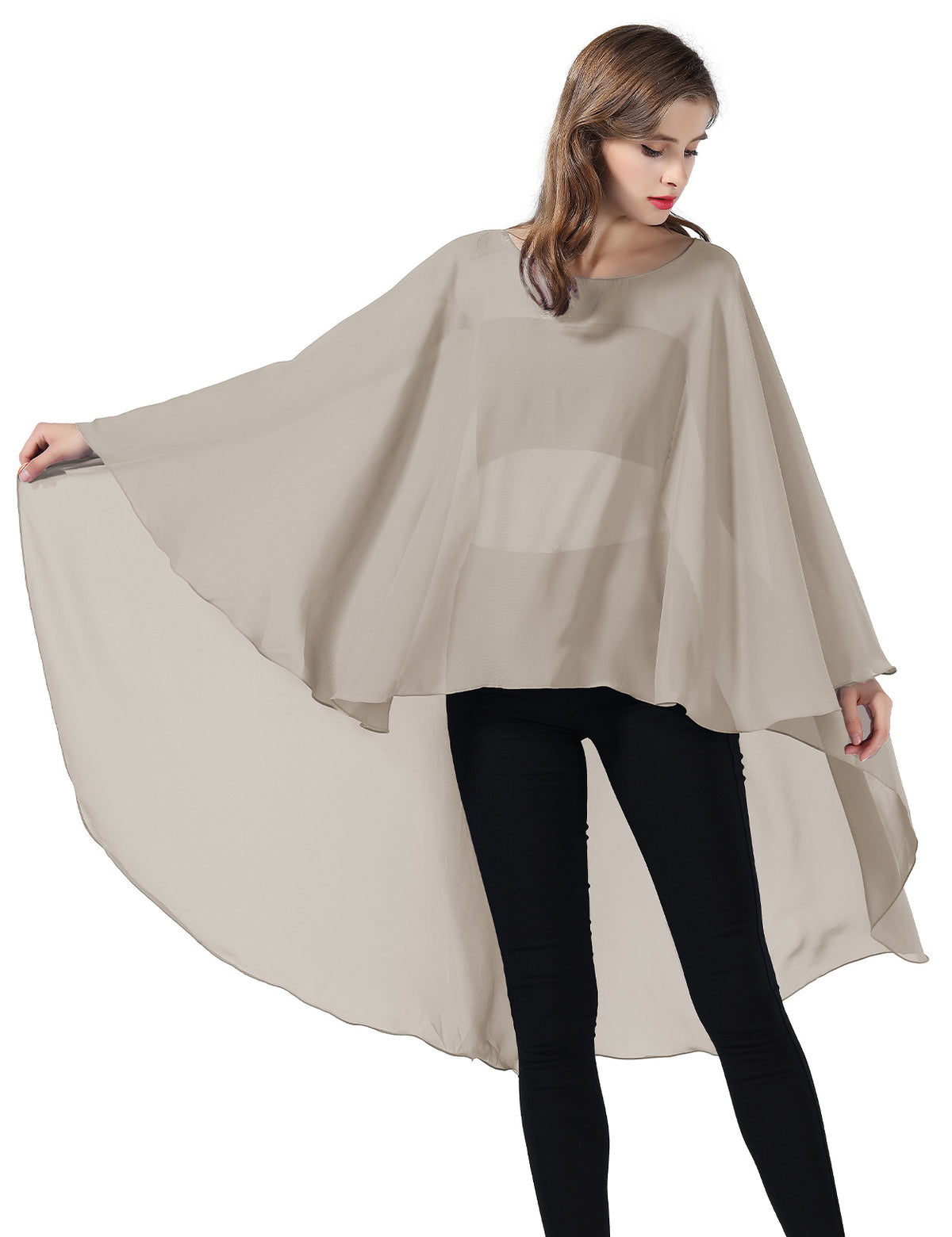 chiffon high-low bridal cape shawl showing elegant draping and flowing design