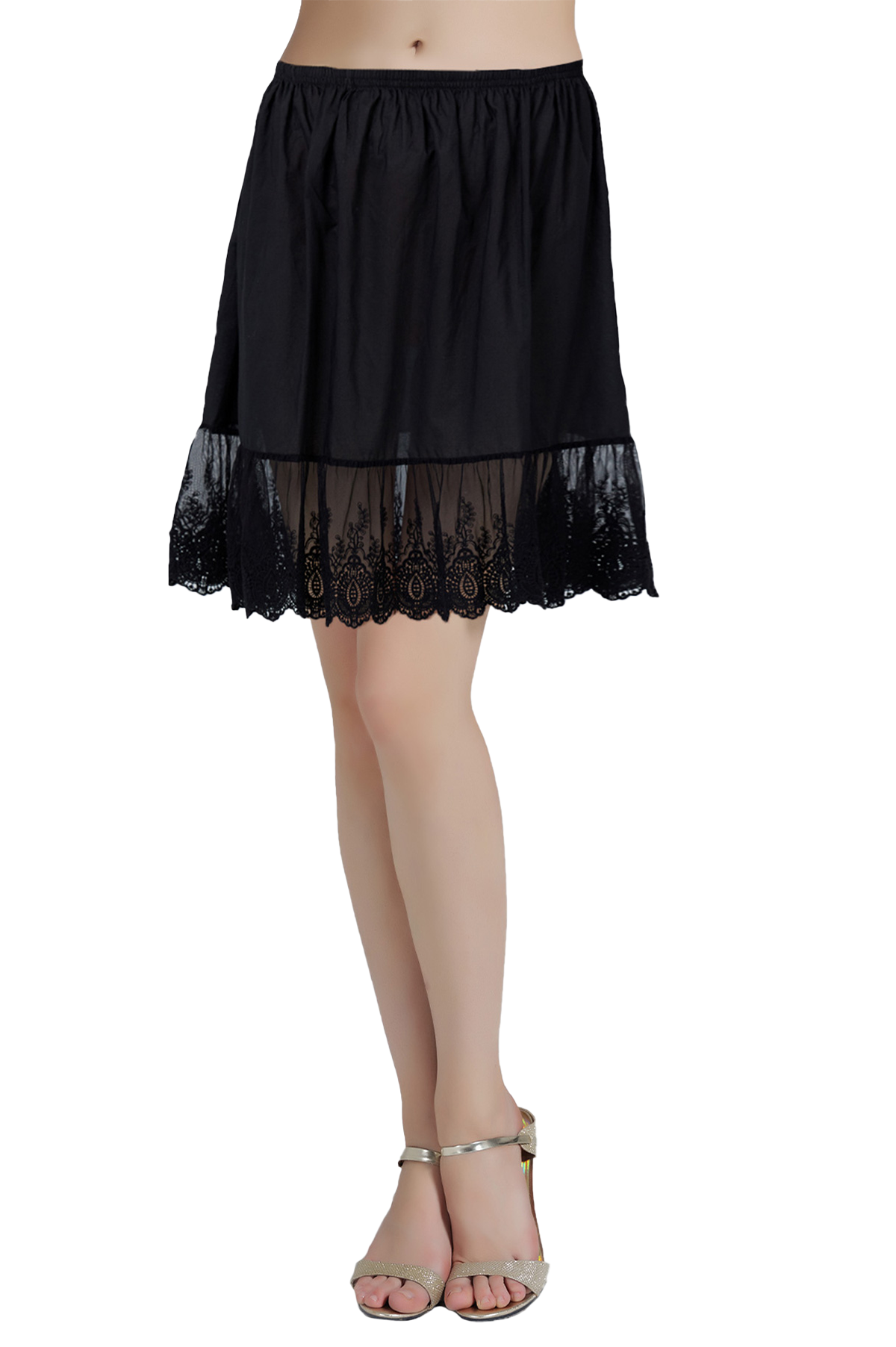 Black lace trim cotton half slip knee length vintage style