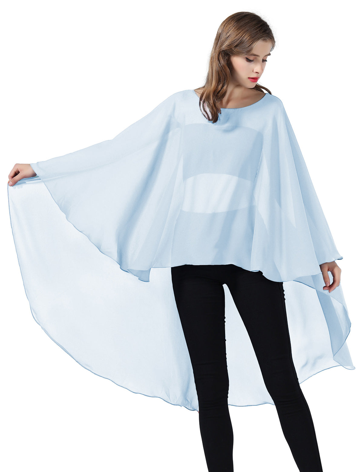 chiffon high-low bridal cape shawl showing elegant draping and flowing design