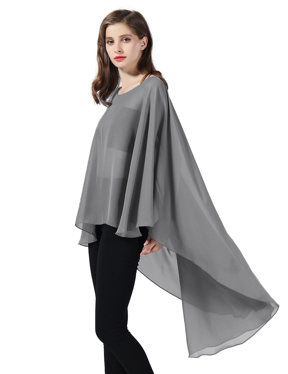 chiffon high-low bridal cape shawl showing elegant draping and flowing design