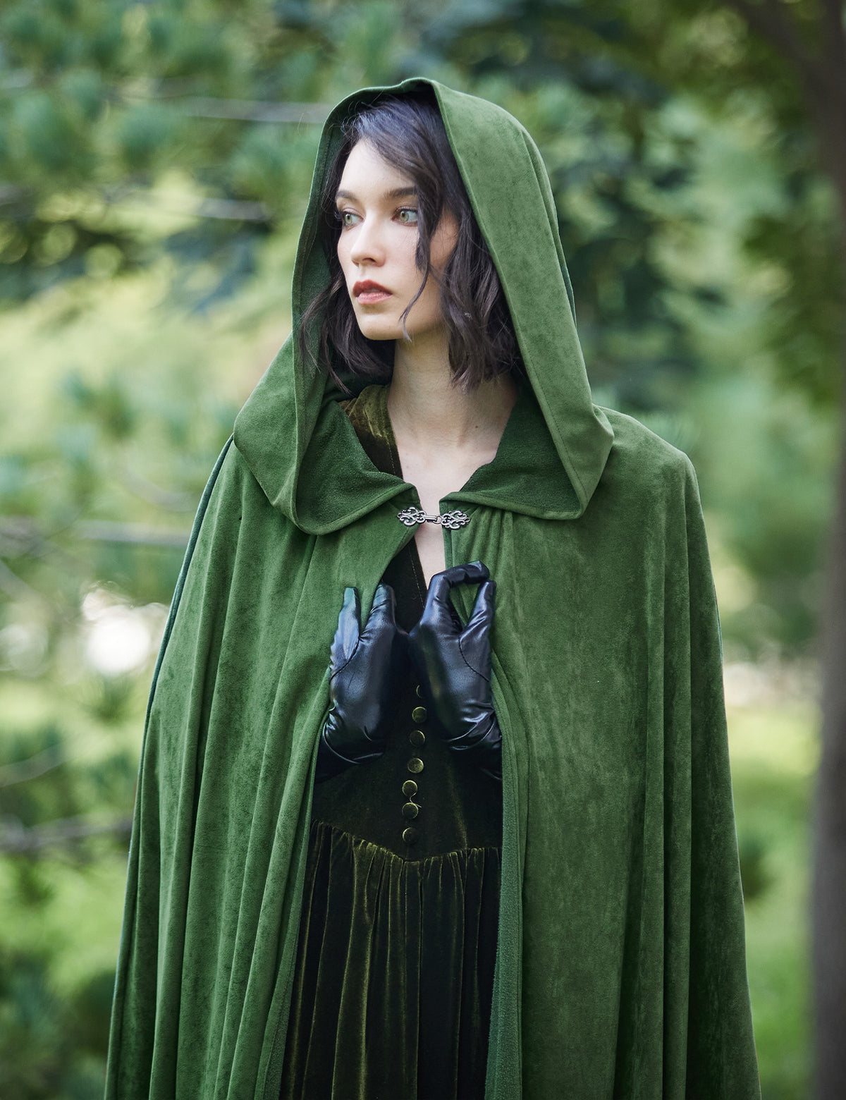 Medieval hooded cloak in moss green