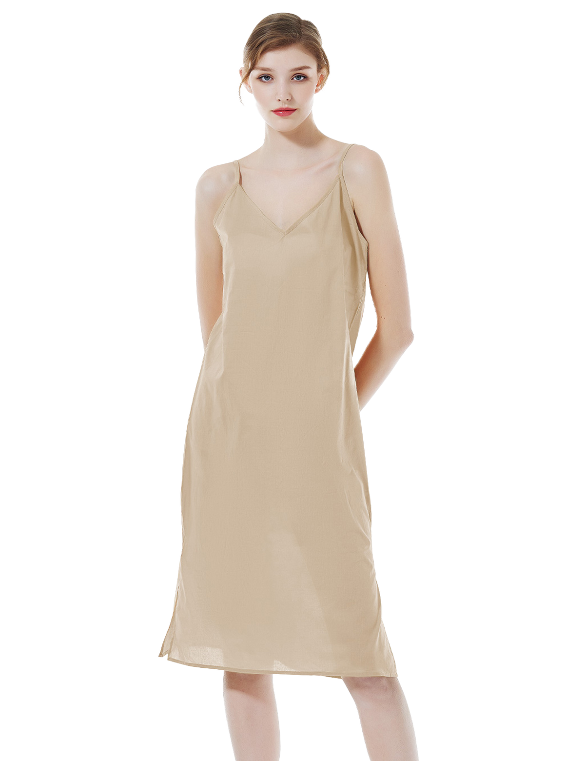 Women's long cotton slip in nude - front view showing knee-length design with adjustable straps