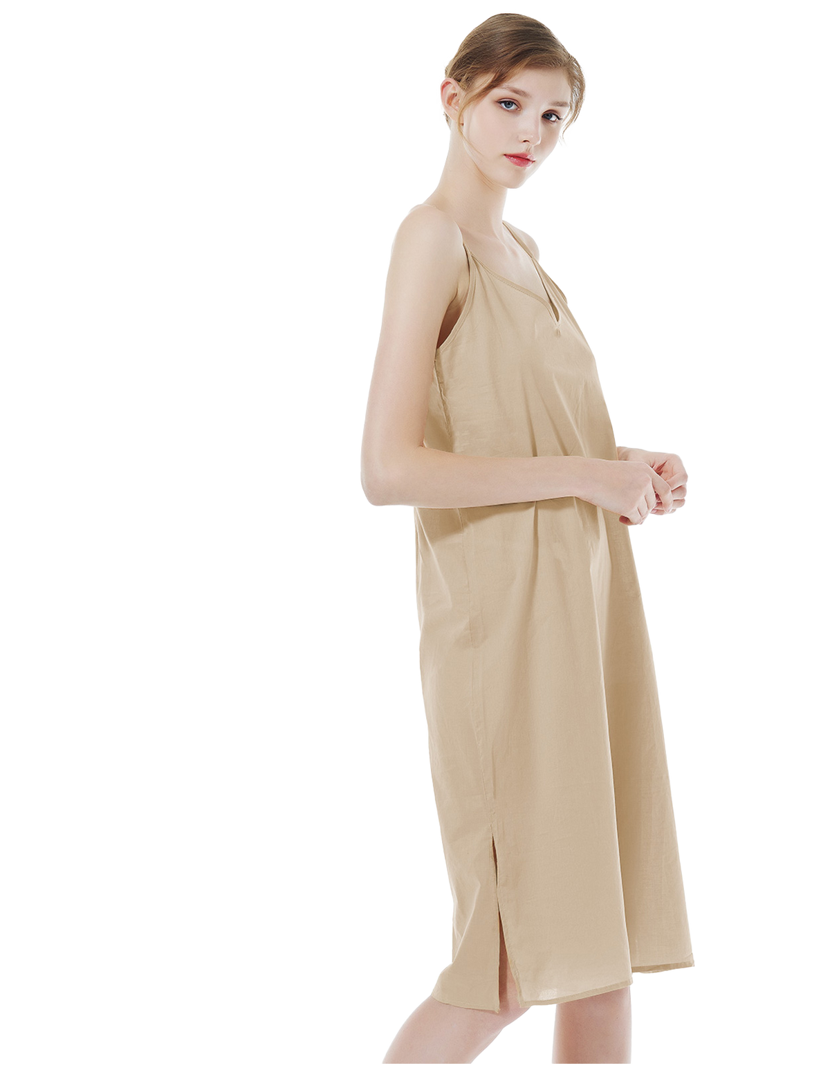 Women's long cotton slip in nude - side view showing knee-length design