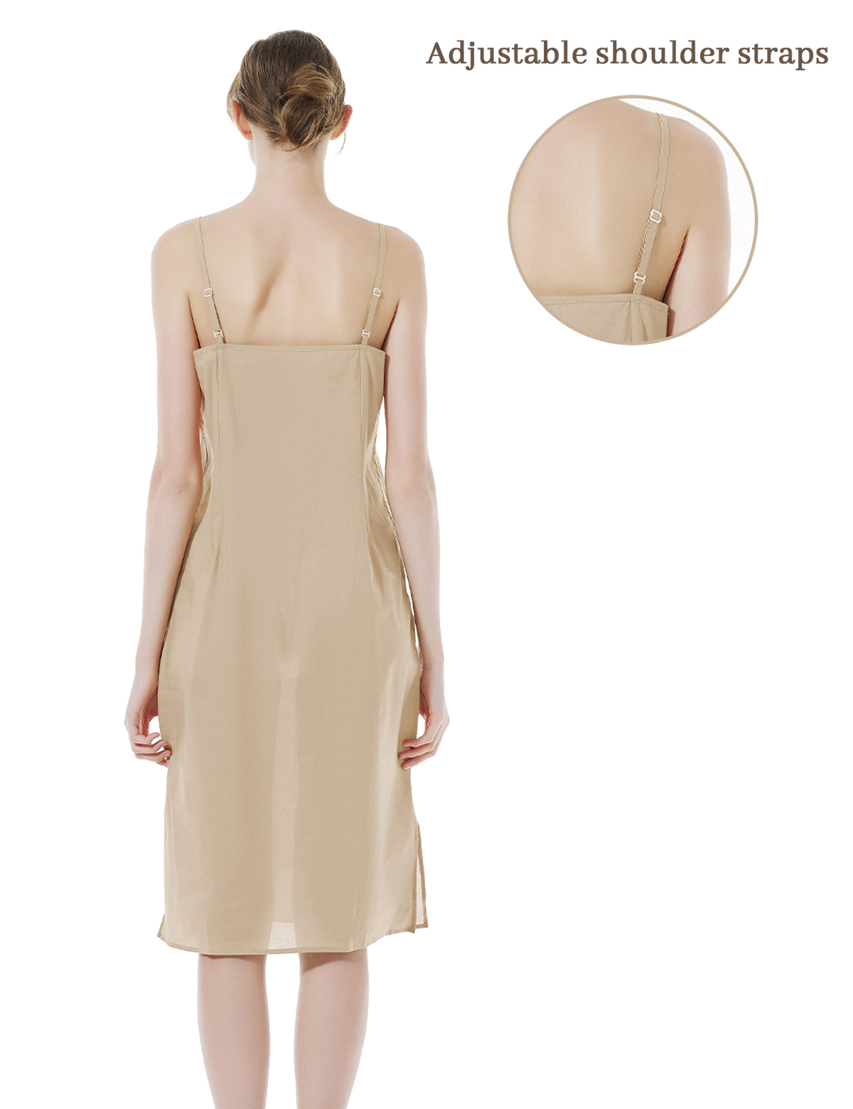 Women's long cotton slip in nude - back view showing knee-length design with adjustable straps