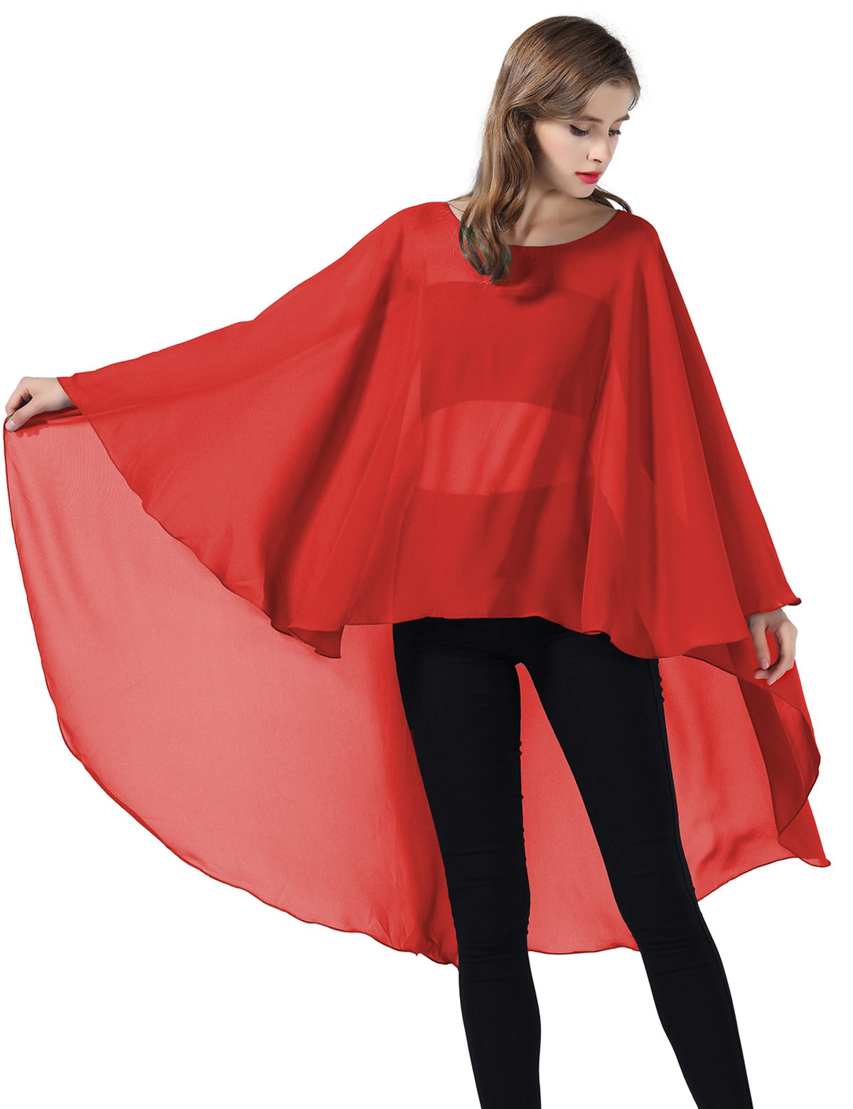 chiffon high-low bridal cape shawl showing elegant draping and flowing design