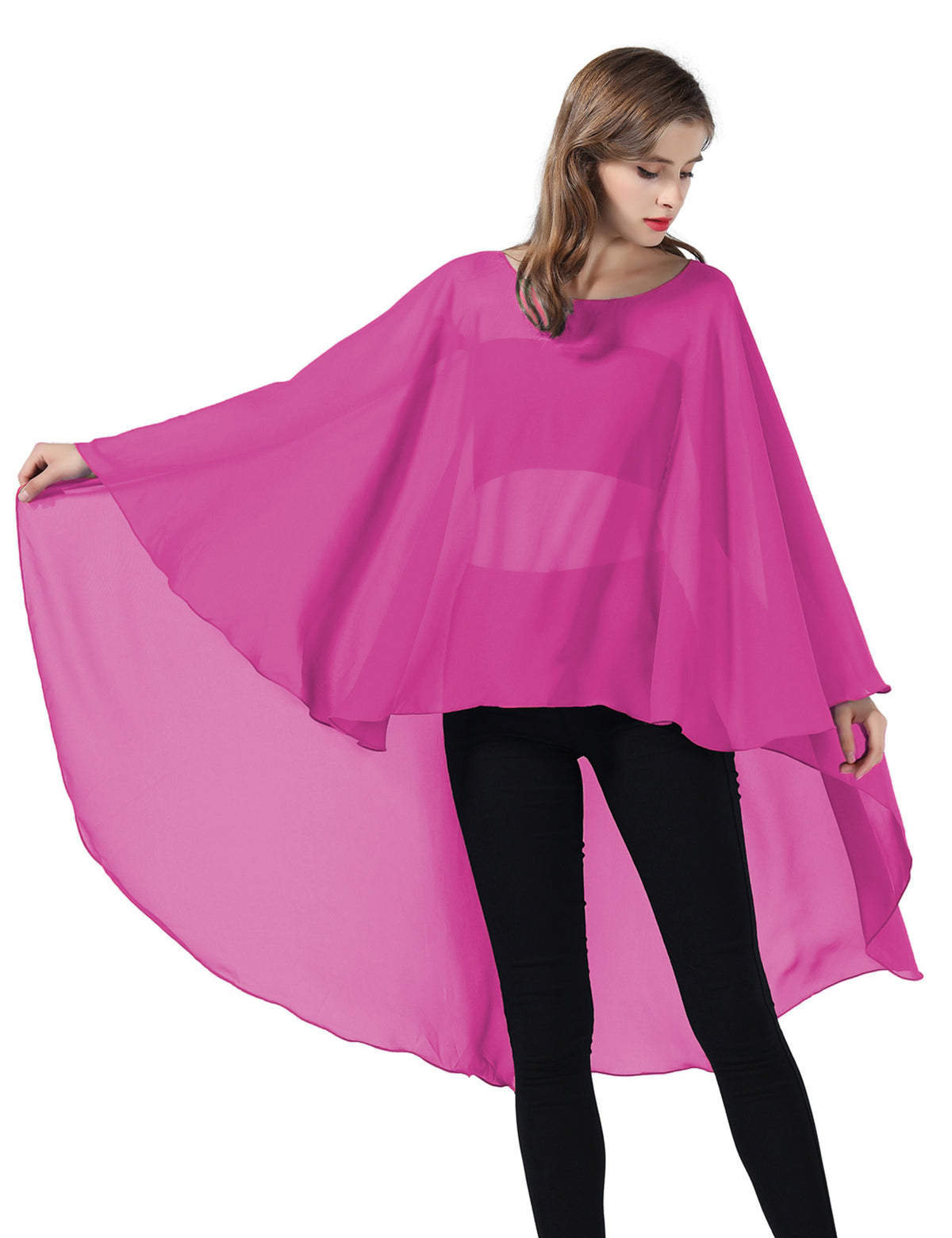 chiffon high-low bridal cape shawl showing elegant draping and flowing design