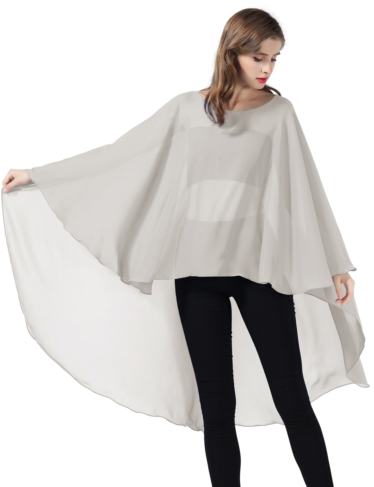 chiffon high-low bridal cape shawl showing elegant draping and flowing design