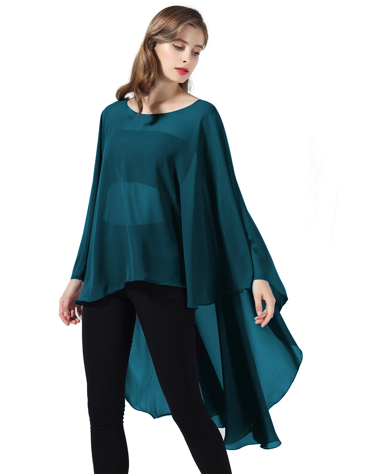 chiffon high-low bridal cape shawl showing elegant draping and flowing design