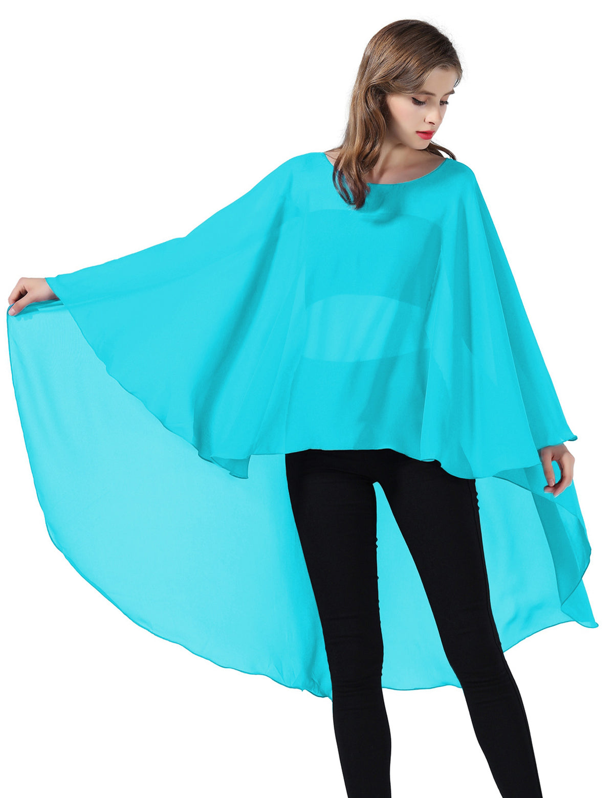 chiffon high-low bridal cape shawl showing elegant draping and flowing design