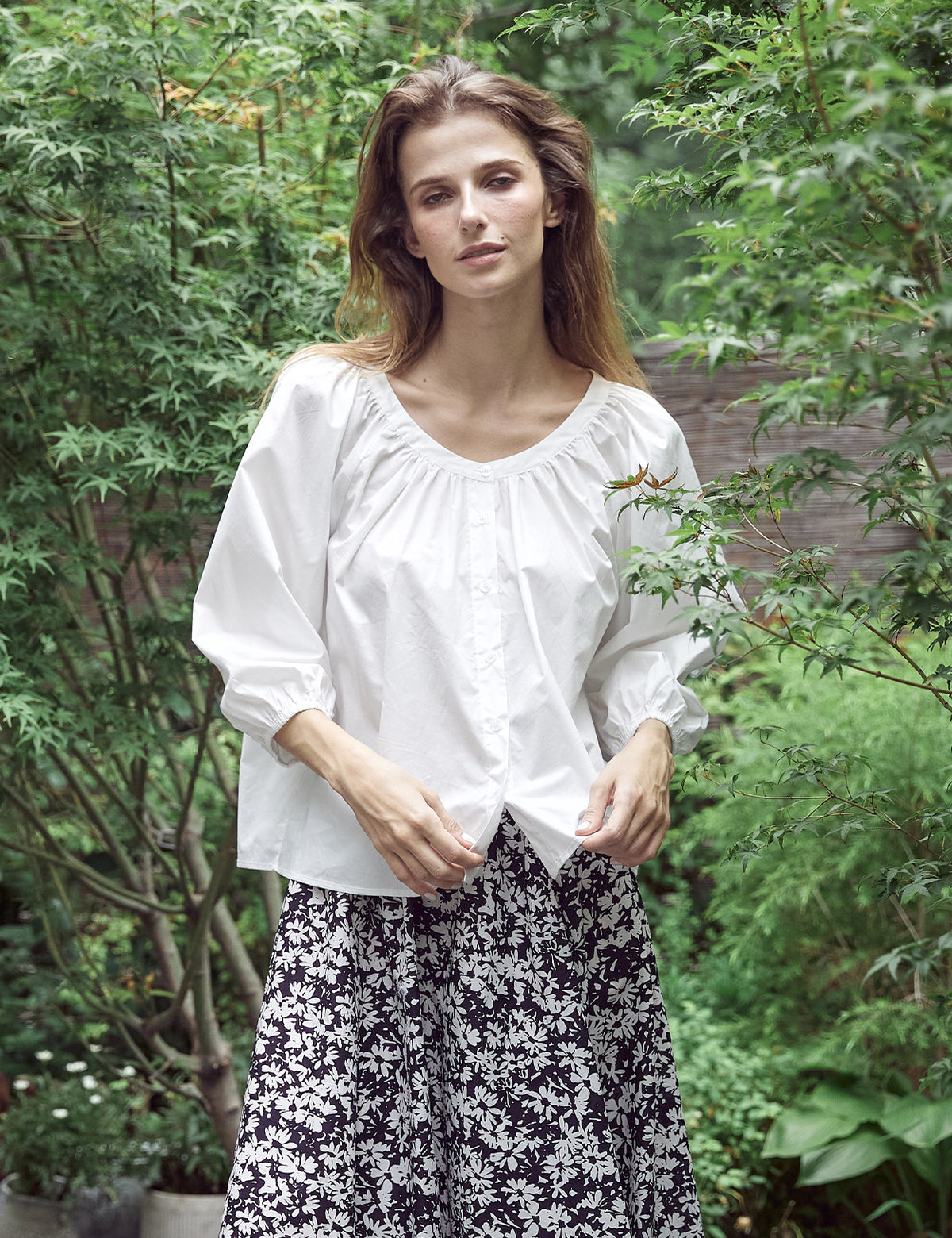 Victorian cotton blouse with 3/4 balloon sleeves in off-white color, showing elegant vintage-inspired design