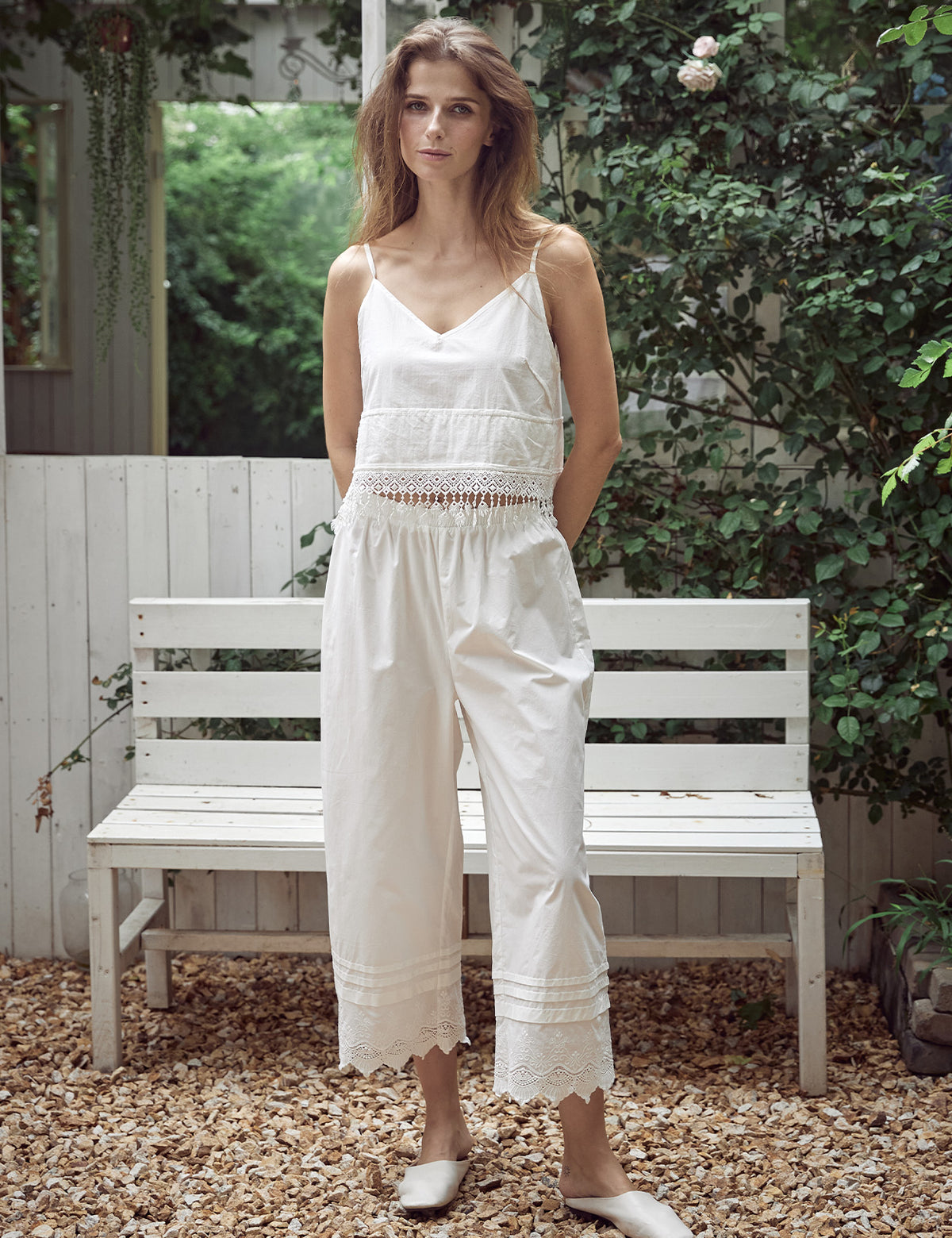 Women's Victorian Lace Trim Cotton Pettipants in white featuring elegant lace detailing and comfortable elastic waistband