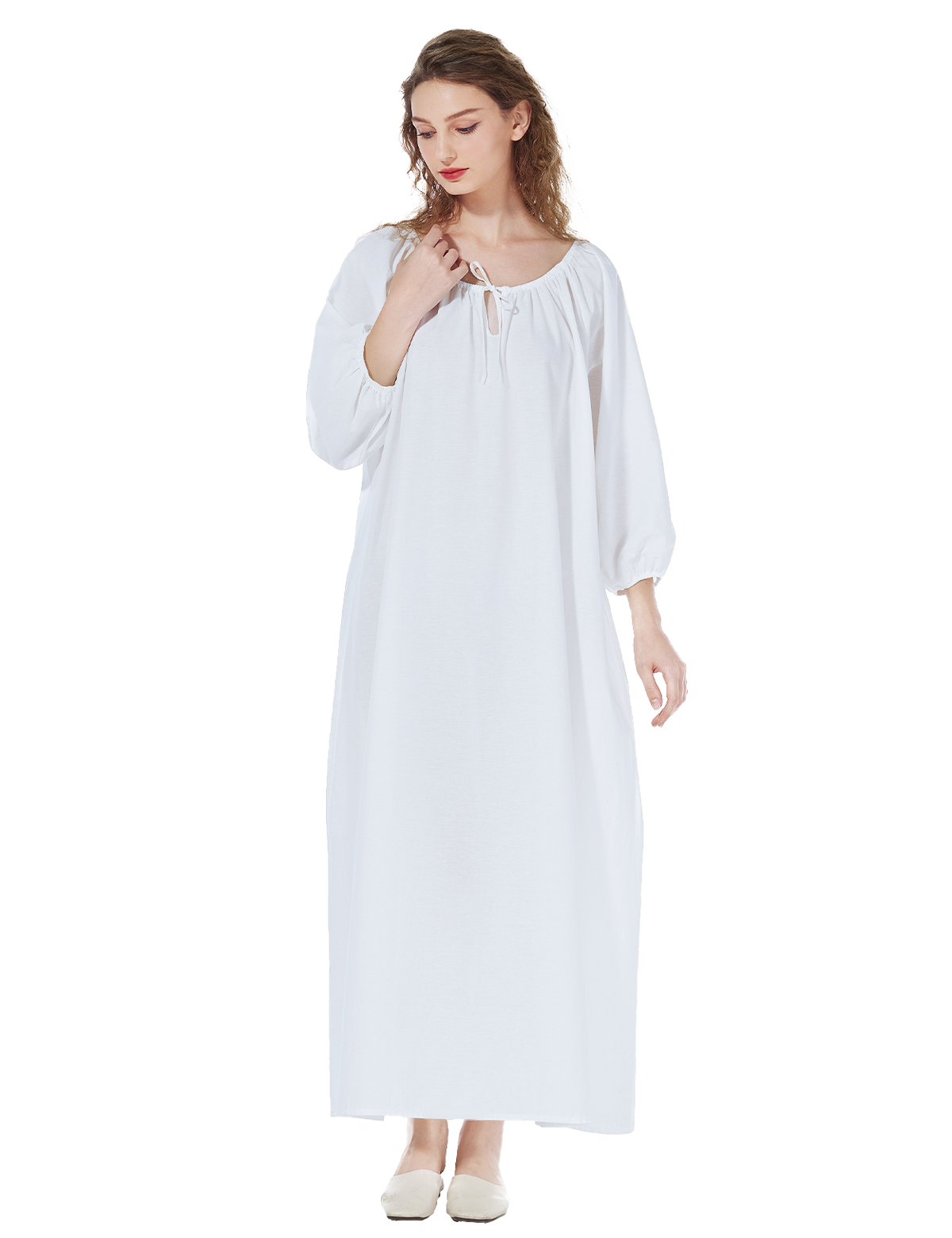 White Victorian maxi nightgown with long trumpet sleeves made from 100% cotton
