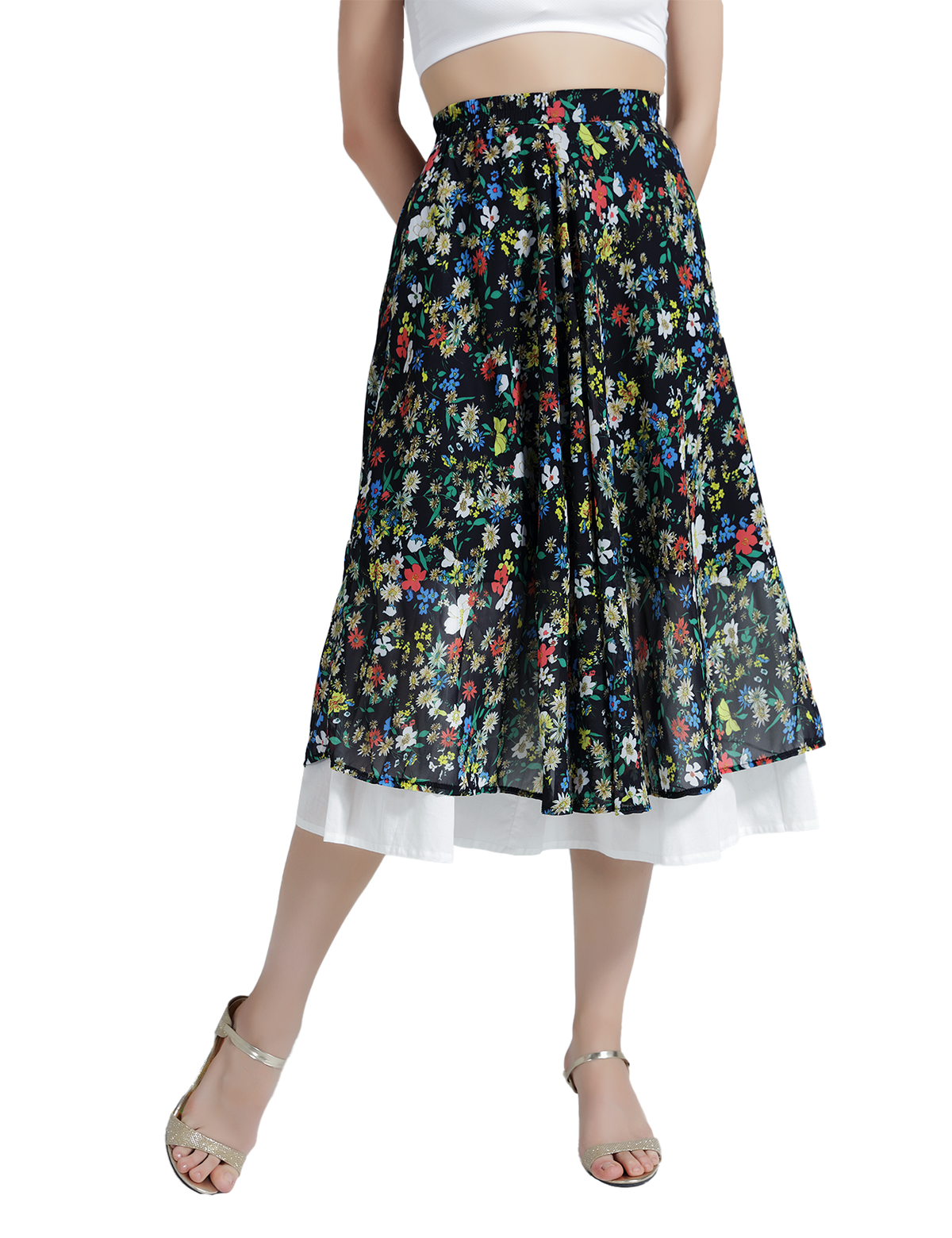 Elegant ivory white vintage cotton half slip tea skirt extender with elastic waistband - wearing effect