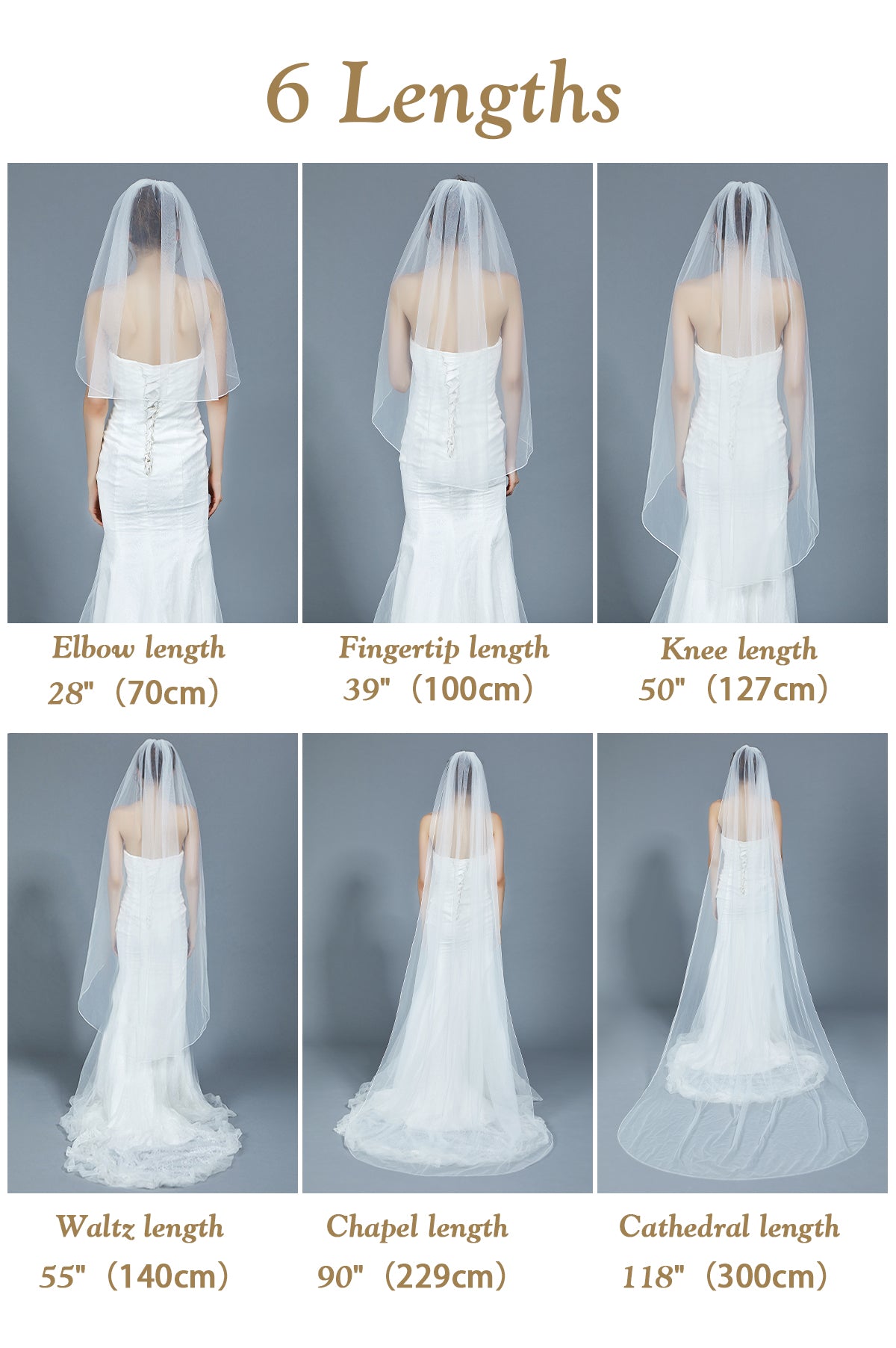 Wedding veil length comparison showing 6 available sizes from elbow to cathedral (28-118 inches)