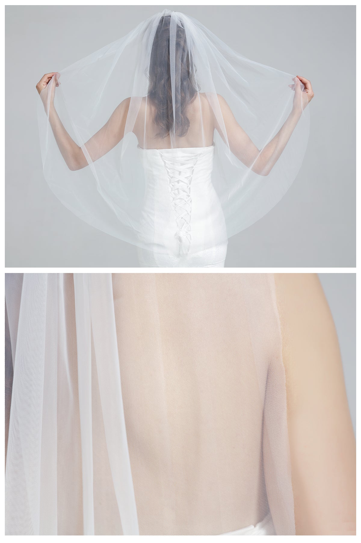 White fingertip-length cut edge veil texture showcasing premium Italian tulle fabric quality and softness