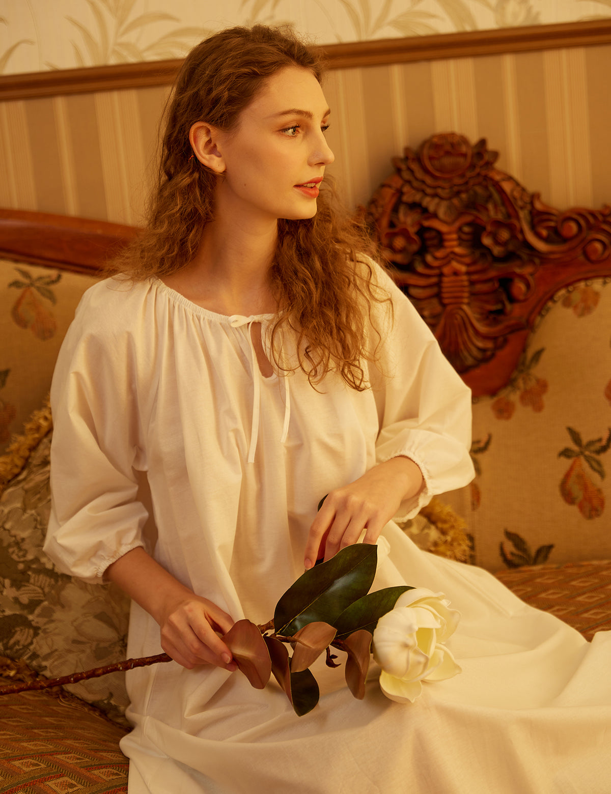 White Victorian maxi nightgown with long trumpet sleeves made from 100% cotton