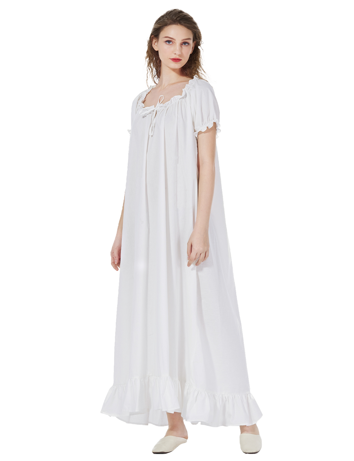 Front view of long oversize Victorian cotton maternity nightgown