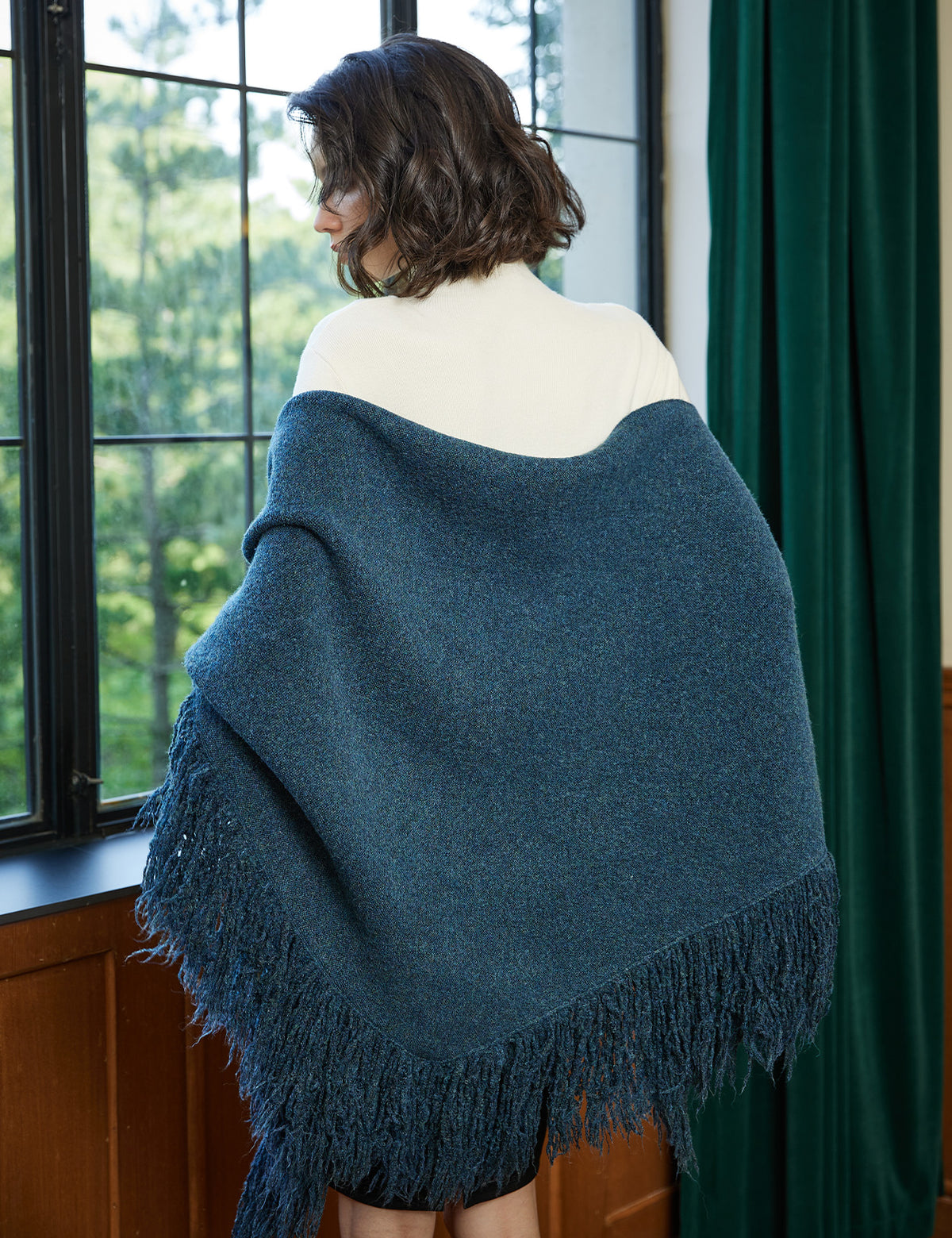 Wool blend knitted shawl with fringe detail - cozy blanket wrap for women