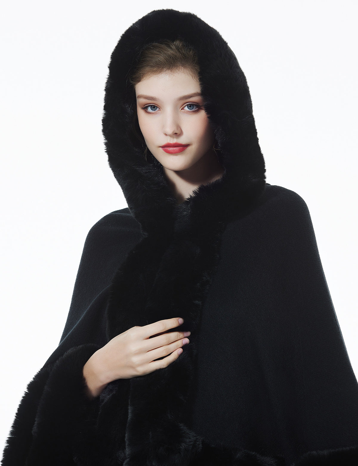 Detailed view of oversized hood with faux fur lining