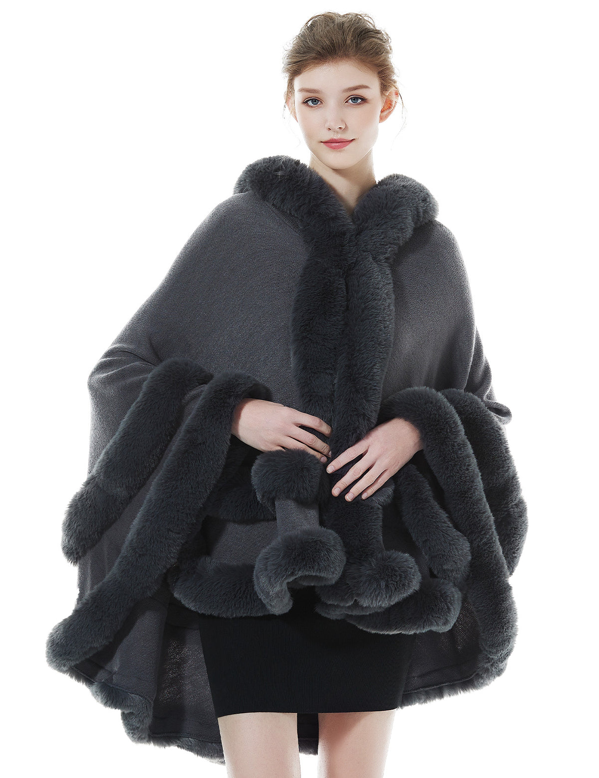 Women's stone grey hooded knit cape with faux fur trim - elegant winter outerwear for sizes 8-16W