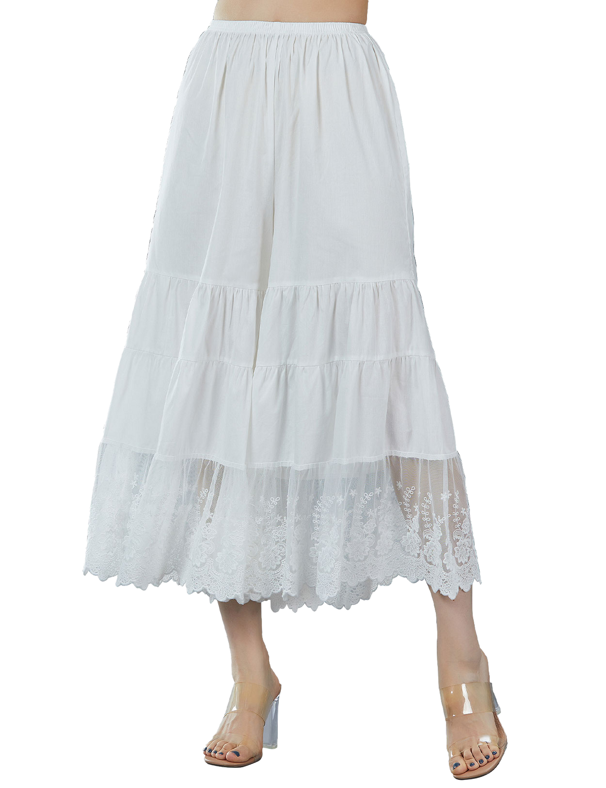Women's vintage cotton batiste pettipants with wide legs and elegant lace trim, front view