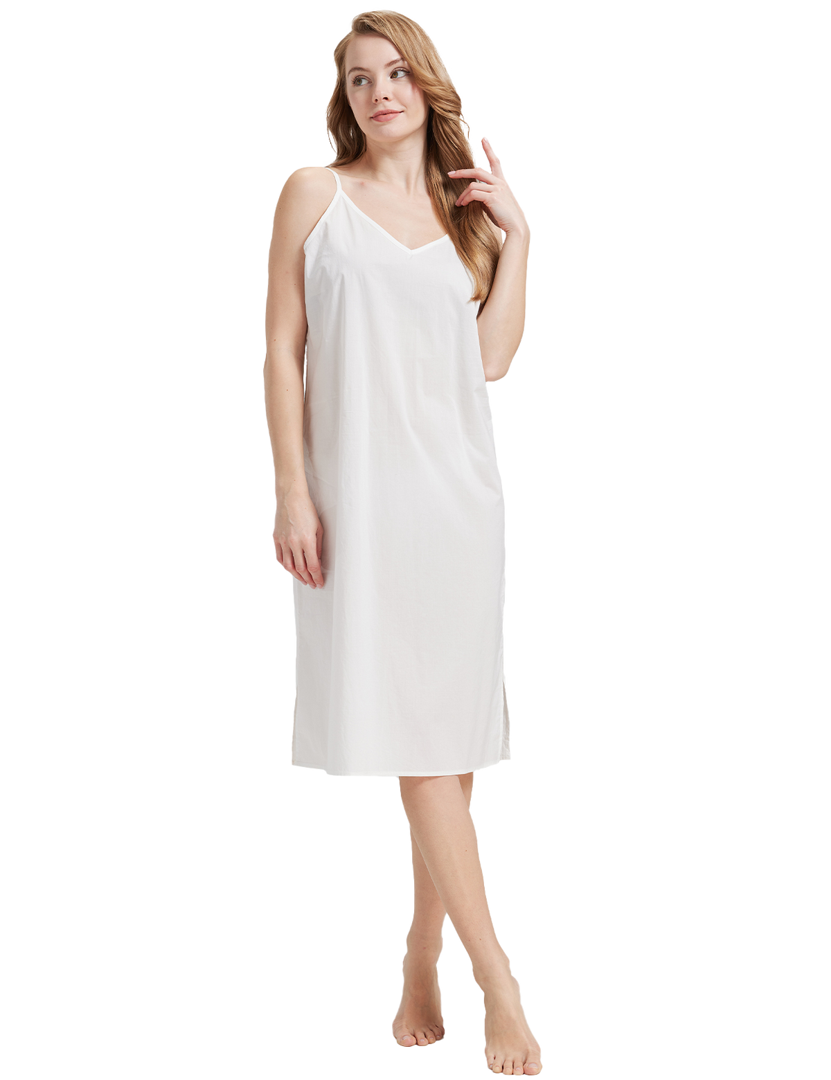 Women's long cotton slip in white - front view showing knee-length design with adjustable straps