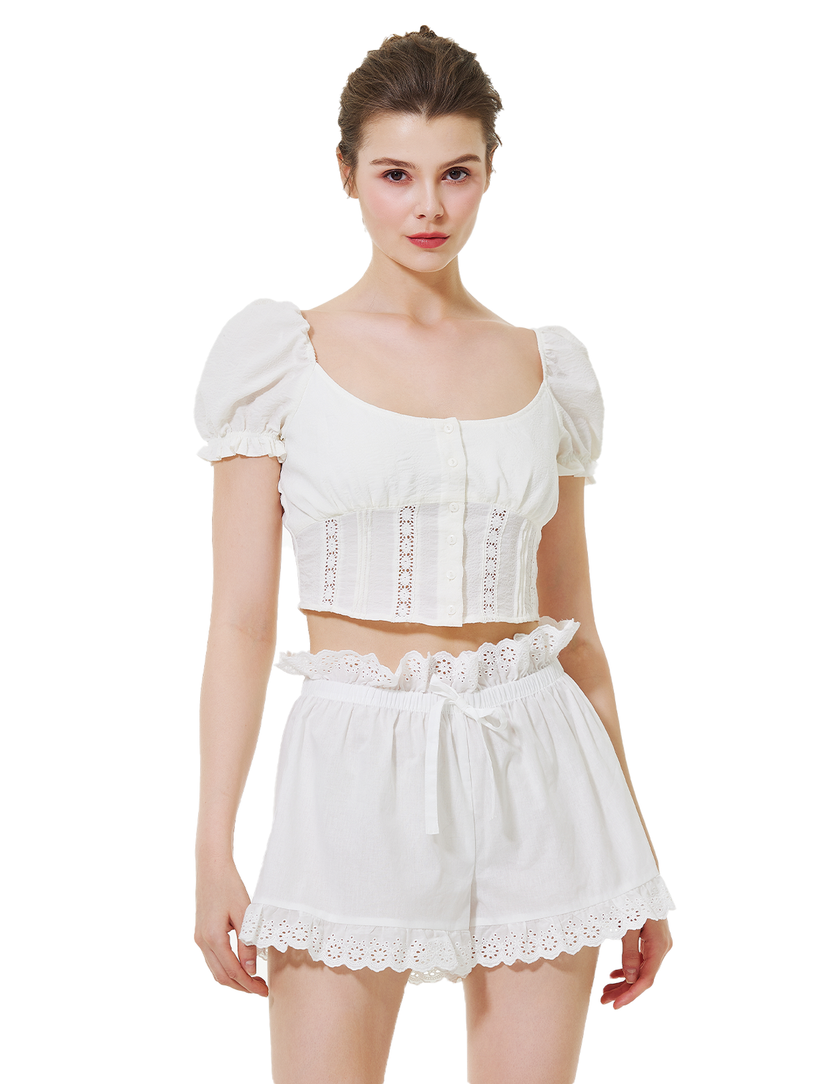 Women's High Waisted Embroidered Shorts with Lace Trim - Model wearing