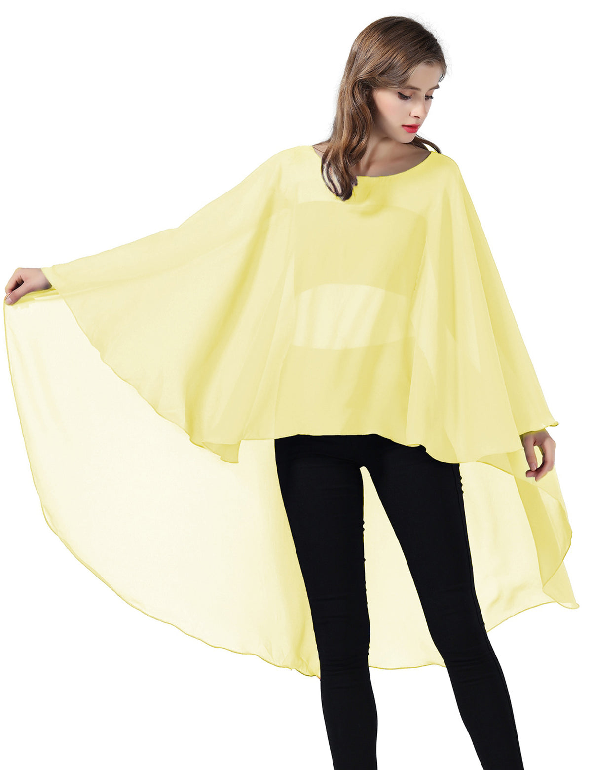 chiffon high-low bridal cape shawl showing elegant draping and flowing design